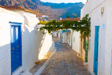 Narrow alley in Hydra with white houses and mountains in distance
